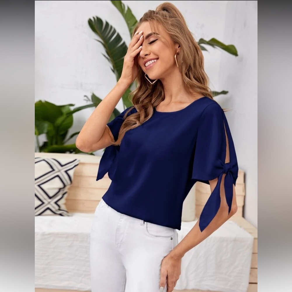 SHEIN Navy Blue Tie Sleeve Blouse